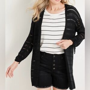 Maurices Pointelle Cinch Sleeve Cardigan Solid Black Open Knit Medium Women’s
